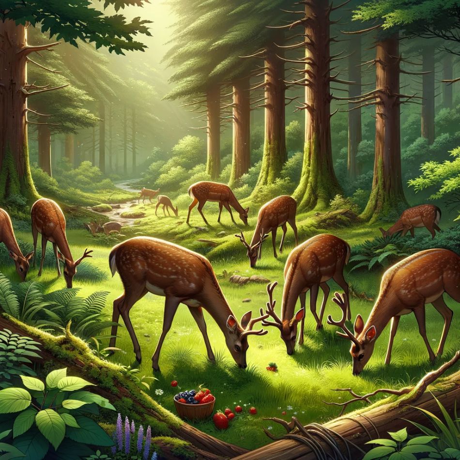 Deer in the woods eating.