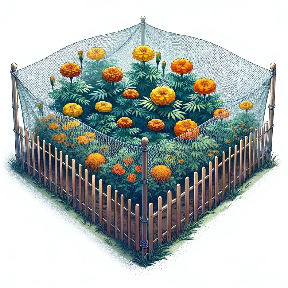 A picture of marigolds with a fence and a net around them.